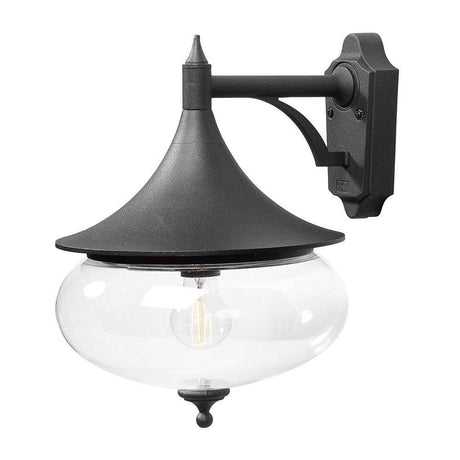 Libra Außen-Wandleuchte Schwarz, klares Glas in elegantem Design mit runder Glasleuchte.