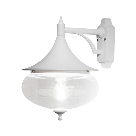 Lampa ścienna Libra zewnętrzna biała, przezroczyste szkło o eleganckim kształcie i przezroczystym kloszu, idealna do użytku na zewnątrz.