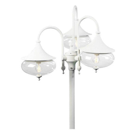 Libra mast light, 3-piece, white, clear glass with an elegant design and clear glass globes for stylish lighting.