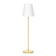 Elegante Akku-Stehleuchte Lola Big in Gold mit weißem Lampenschirm, ideal für Wohnräume und Außenbereiche.