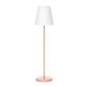 Akku-Stehleuchte Lola Big in elegantem Design mit weißem Lampenschirm und roséfarbenem Fuß