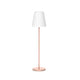 Elegante LED Akku-Stehleuchte Lola Mini, rosa mit weißem Lampenschirm, ideal für Wohn- und Außenbereiche.