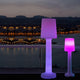 Außen-Stehleuchte Carmen bei Dämmerung, stilvoll beleuchtet mit LED in pink und violett.