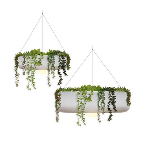 Elba LED blomsterpotte utendørs hengelampe med batteri, moderne hengende plantebelysning med batteri og dekorativt grønt.