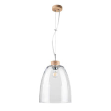 Suspension Campana en chêne huilé, transparente avec abat-jour en verre clair et détails en bois.