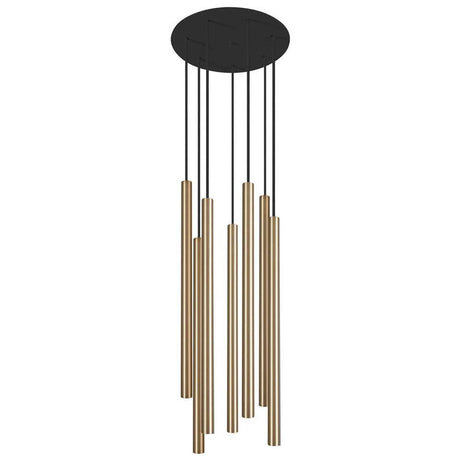 Pendellampe Laser 7-flg. Ø 30cm gullfarget med slanke lysstaver i elegant design.