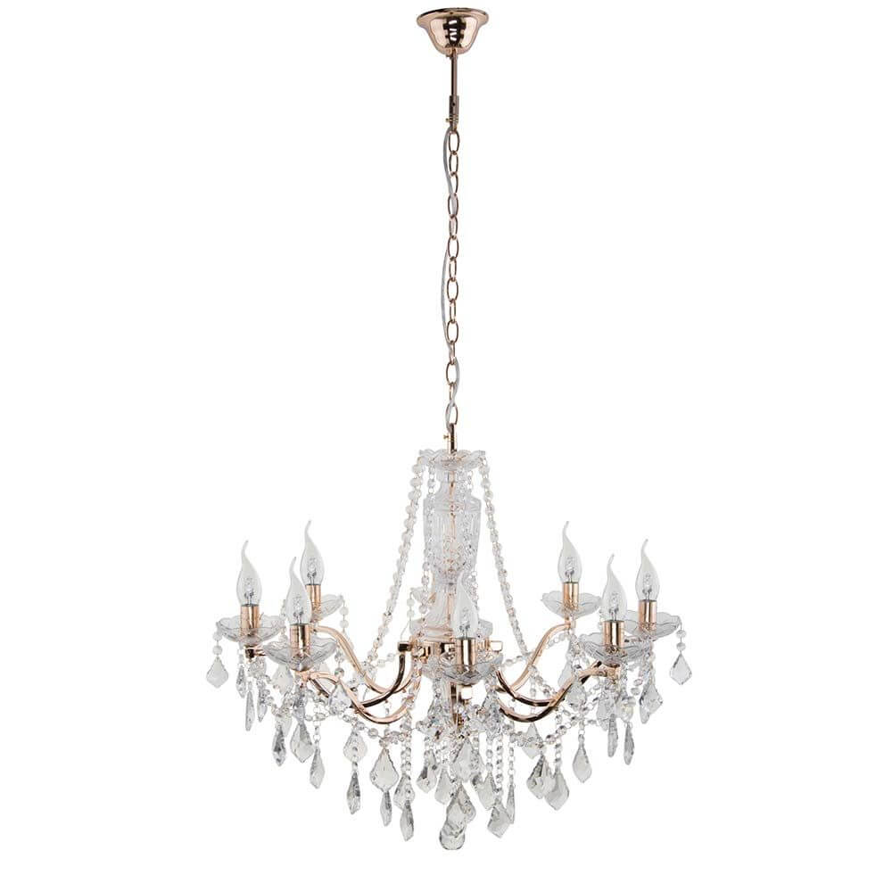 Kronleuchter Odessa 8-flg. Goldfarben, Transparent mit eleganten Kristallelementen.