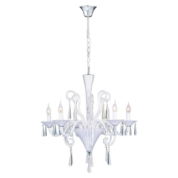 Kronleuchter Rosano 6-flg. Weiß, eleganter weißer Kronleuchter mit sechs Lichtarmen und Glasanhängern