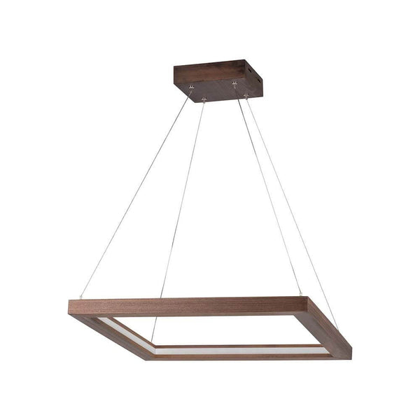 LED Hängeleuchte Legno 2520lm Nuss in modernes Design mit Holzrahmen und transparenten Kabeln.