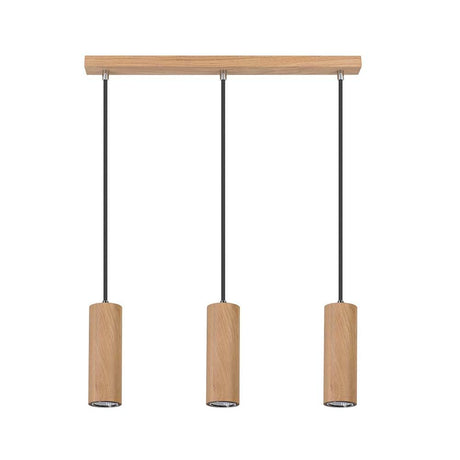 LED Suspension Pipe 350 lm chêne huilé avec trois suspensions en bois au design moderne.