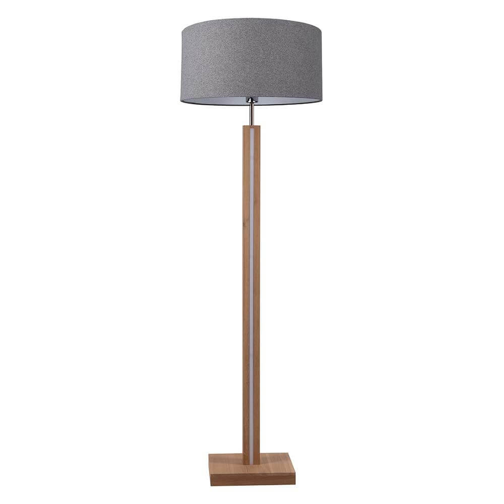 LED Stehleuchte Asseto 3350lm Eiche-Geölt, Grau auf einem minimalistischen Holzständer mit graudem Lampenschirm.