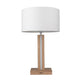 LED Tischlampe Asseto 980lm Eiche-Geölt, Beige auf einem Tisch, modernes Design mit einem weißen Lampenschirm.