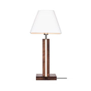 LED Tischlampe Quad 980lm Touch-Dimmer Nussbaum, Weiß, Schwarz auf einem Tisch von vorne gezeigt.
