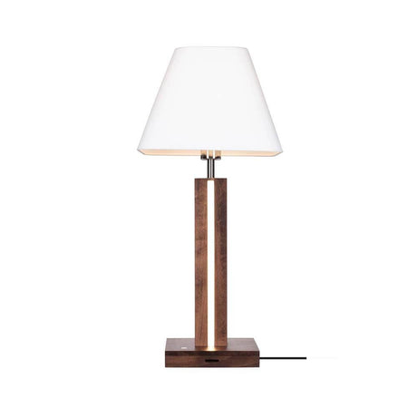 LED Tischlampe Quad 980lm Touch-Dimmer Nussbaum, Weiß, Schwarz auf einem Tisch von vorne gezeigt.