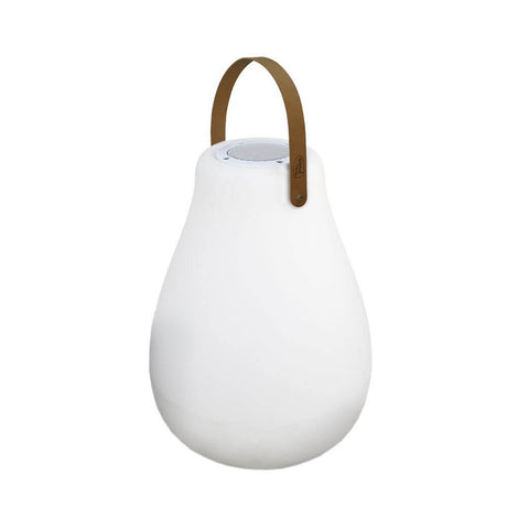 Draagbare LED-luidsprekerlamp Kurby Wit in elegante druppelvorm met handgreep van leer.