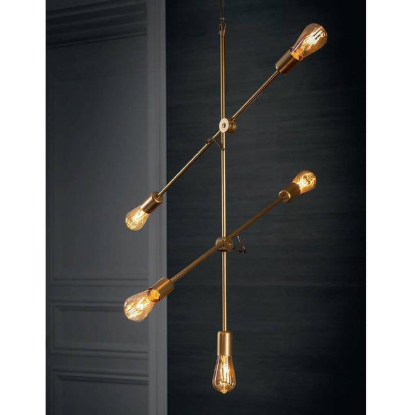 Retro pendant light Sticks 5-light. Gold-colored in a modern design with adjustable rods and E27 sockets.