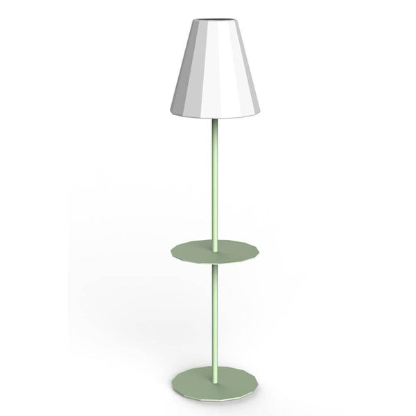 LED Solar-Stehleuchte Helga mit Fernbedienung in modernem Design und zwei Ablagen.