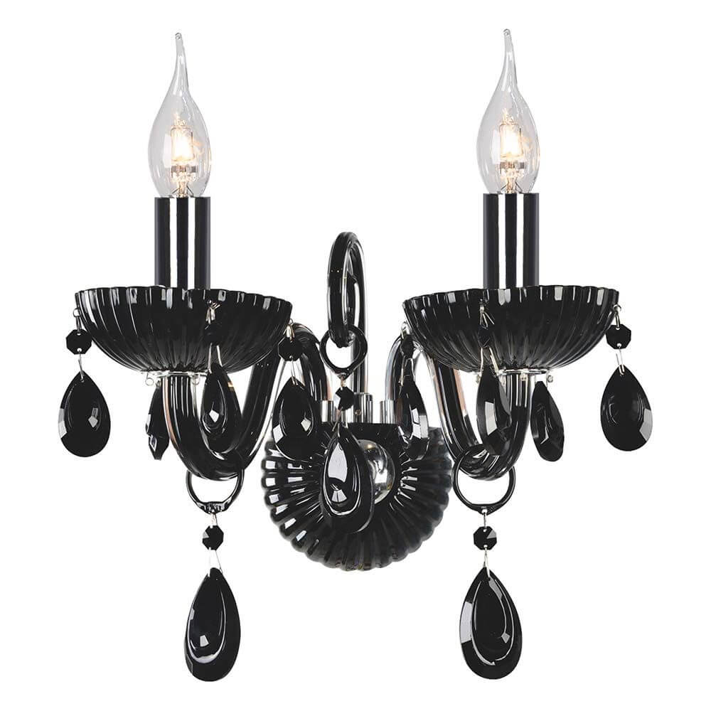Wandlampe Queen 2-flammig Schwarz, Chrom mit eleganten Kristallelementen und klaren Glühbirnen.
