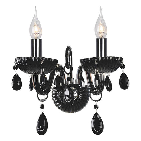 Vegglampe Queen 2-flammig Svart, Krom med elegante krystallelementer og klare lyspærer.