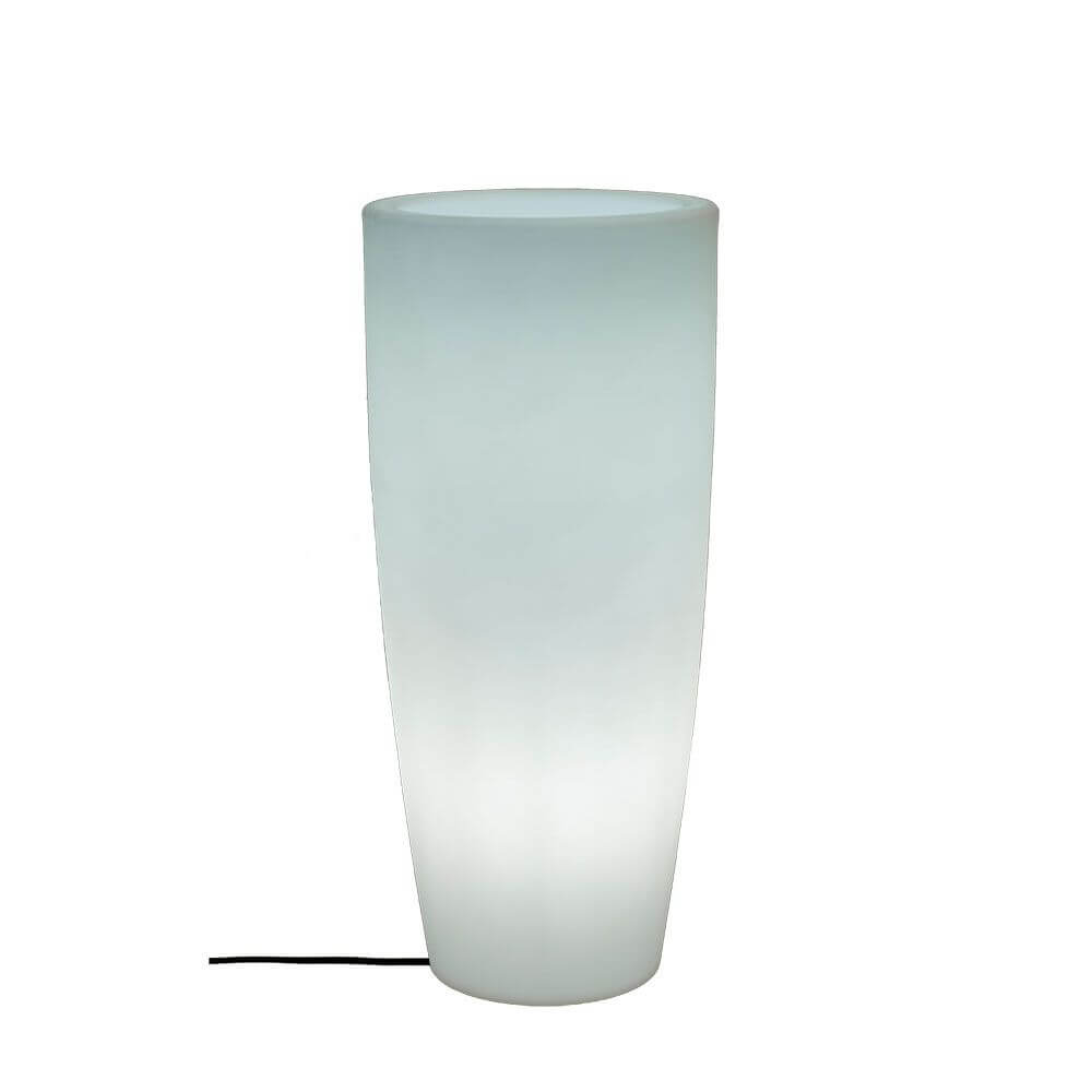 LED beleuchteter Dekotopf Bambu Big, zylindrischer Pflanzer in sanftem Licht, Akku und Fernbedienung.