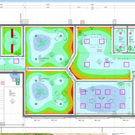 Lichtberechnung 5 € je m² Wohnraum - Plan für die Lichtstärke und Positionierung der Leuchten im Raum.