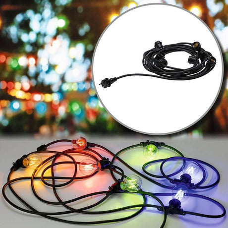 Lichterkette 8,6m 7-flammig Schwarz IP44 mit bunten Filamentlampen, spritzwassergeschützt und vielseitig kombinierbar.