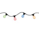 Lichterkette mit bunten Filamentlampen in E27-Fassungen auf schwarzem Kabel, ideal für Außenbereiche, spritzwassergeschützt.