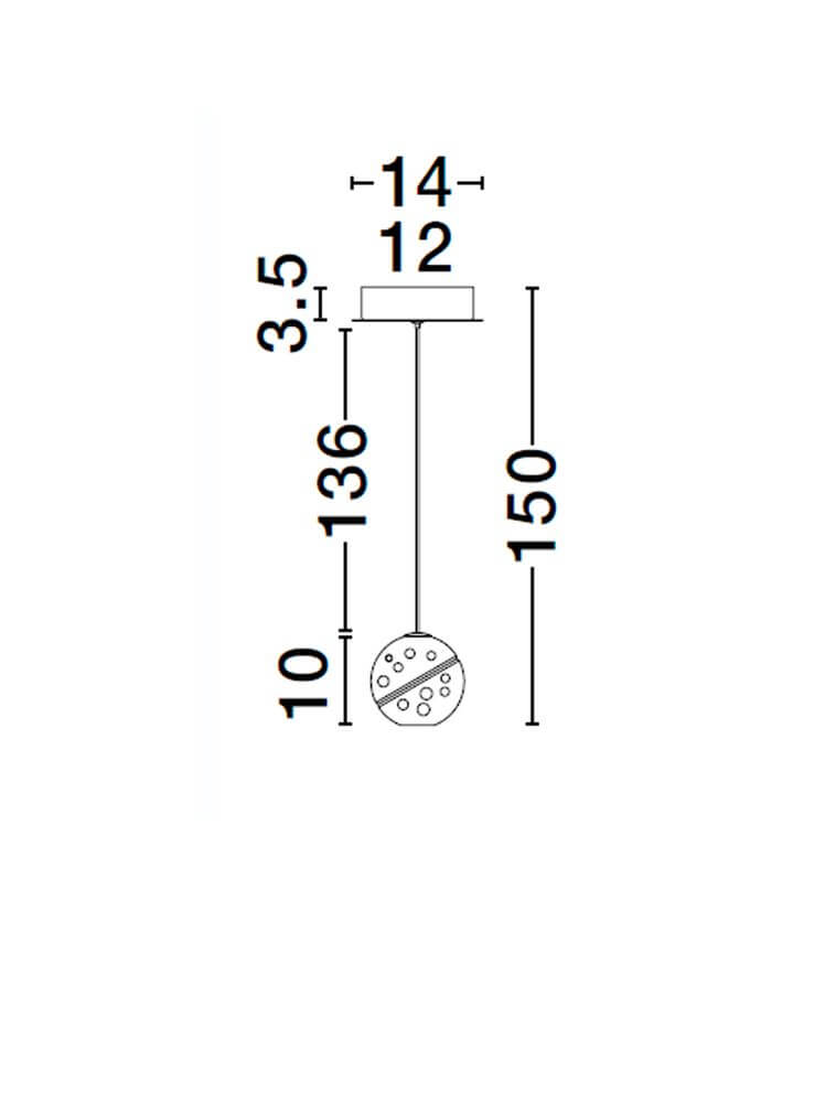 Technische Zeichnung der Licio LED Pendelleuchte Ø 12cm 3000K Gold mit Abmessungen.