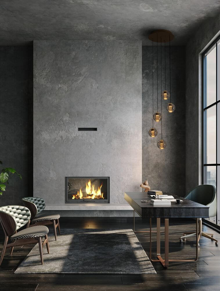 Licio LED Pendelleuchte 5-flammig Ø 31cm 3000K Gold über modernem Schreibtisch mit Kamin in elegantem Wohnraum