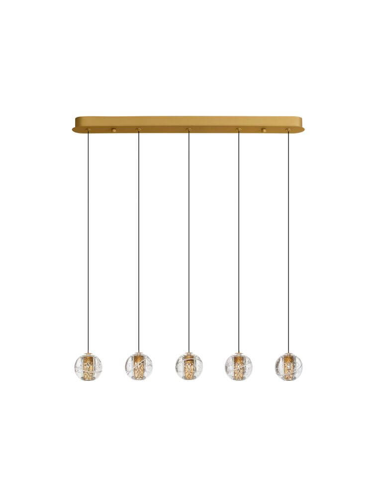 Licio Pendelleuchte Balken 84cm 5-flammig 3000K Gold mit goldener Halterung und transparenten Glaskugeln.