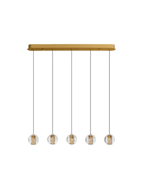 Licio pendant light bar 84cm 5-light 3000K gold with a gold-colored mount and transparent glass spheres.
