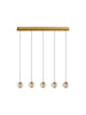 Licio Pendelleuchte Balken 84cm 5-flammig 3000K Gold mit goldener Halterung und transparenten Glaskugeln.