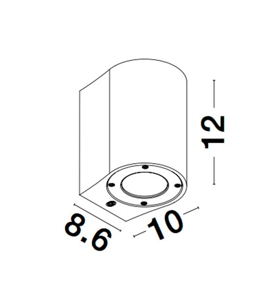 Maßzeichnung der Lido Außenwandleuchte H 12cm GU10 Down IP65 mit Abmessungen von 8.6cm, 10cm und 12cm.