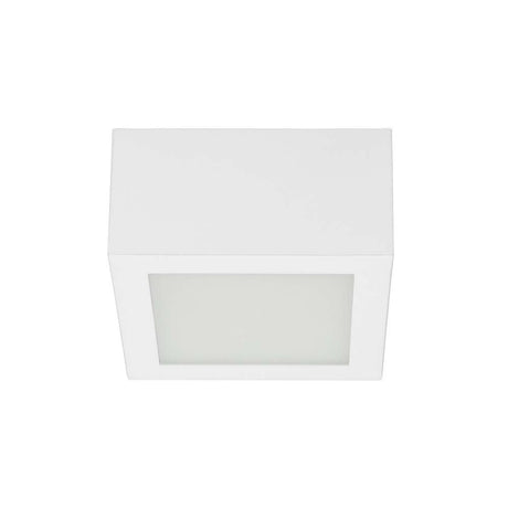 Box SQ LED-Deckenleuchte Small mit sandgestrahltem Diffusor und verchromtem Metallkörper.