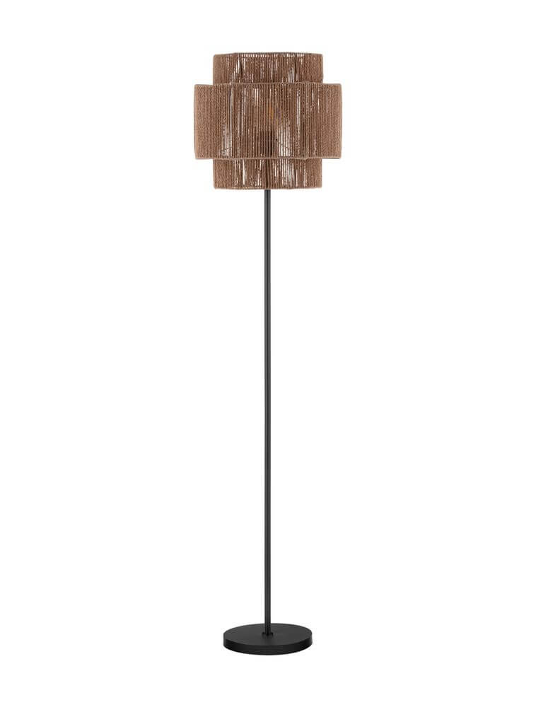 Lito Stehlampe Natur, Schwarz mit Rattan-Schirm und schwarzem Sockel, ideal für Wohn- und Schlafzimmer.