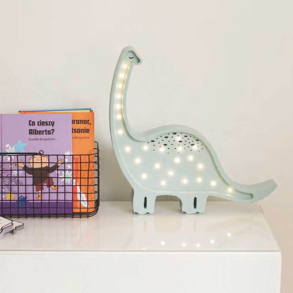 Kinder Wand- & Tischleuchte Dino Diplodocus aus Holz in Dinosaurierform mit LED-Lichtern.