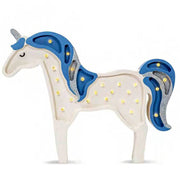 Kinder Wand- & Tischleuchte Einhorn aus Holz, Denim Glitzer, mit Regenbogenhaaren und silbernen Strähnen, magische Kinderlampe