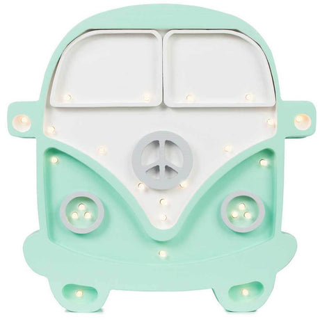 Kinder Wand- & Tischleuchte Van in Form eines grünen Vans mit LED-Lichtern und peace Zeichen.