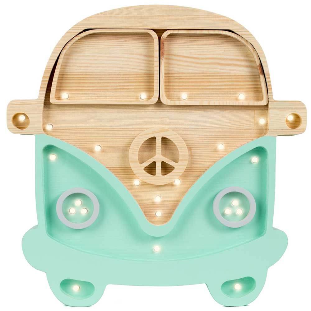 Kinder Wand- & Tischleuchte Van in Form eines Holz-Vans mit Dimmer und Fernbedienung.