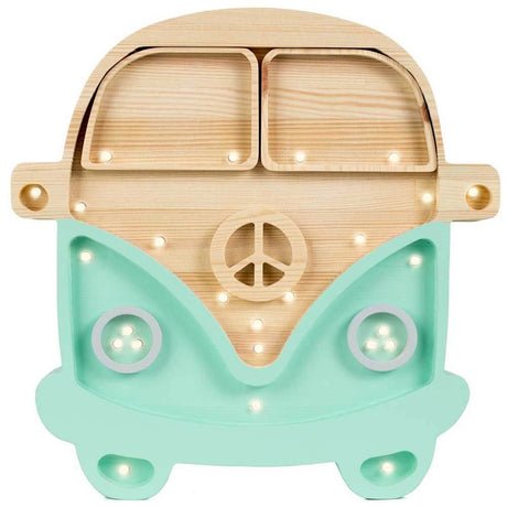 Kinder Wand- & Tischleuchte Van in Form eines Holz-Vans mit Dimmer und Fernbedienung.