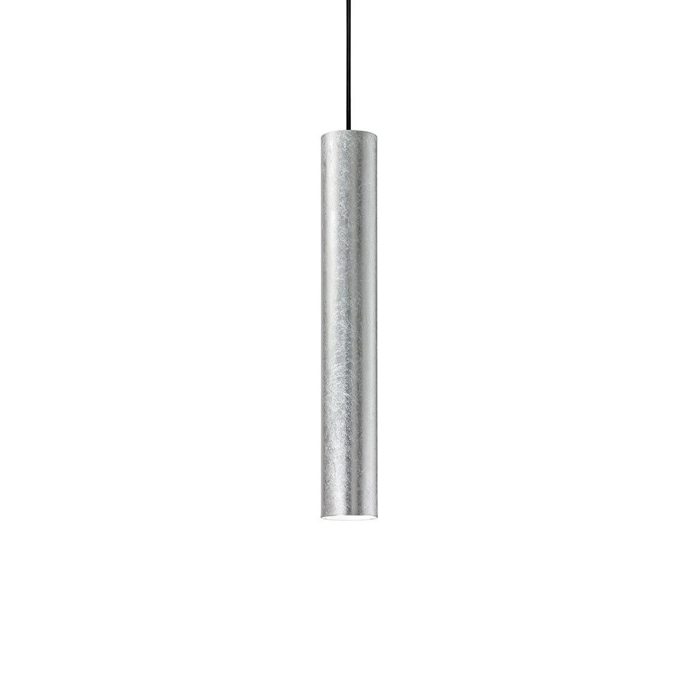 Pendelleuchte Look in echtem Blattsilber, zylindrisch, Ø 6cm, minimalistische Design für Wohnraumbeleuchtung.