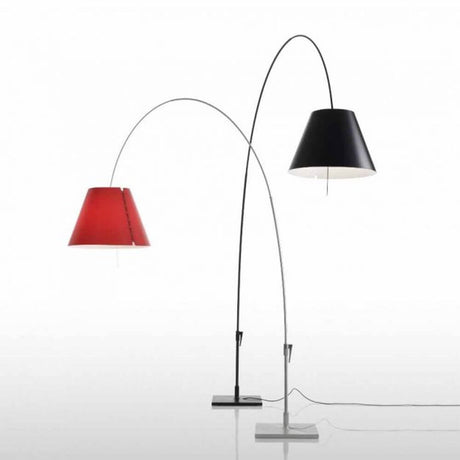 Luceplan Lady Costanza arc lamp with dimmer in red and black, telescopic stem for flexible light adjustment.