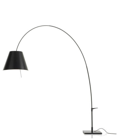 Luceplan Lady Costanza arc lamp with dimmer in an elegant, flexible form and black lampshade.