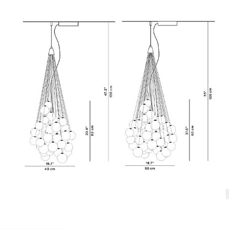 Luceplan Stochastic LED pendant lamp (structure without spheres & rods) dimension drawing with various heights.