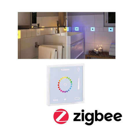 LumiTiles Zubehör Smart Home Zigbee Touch-Modul mit RGBW LED Fliesen in moderner Badausstattung.