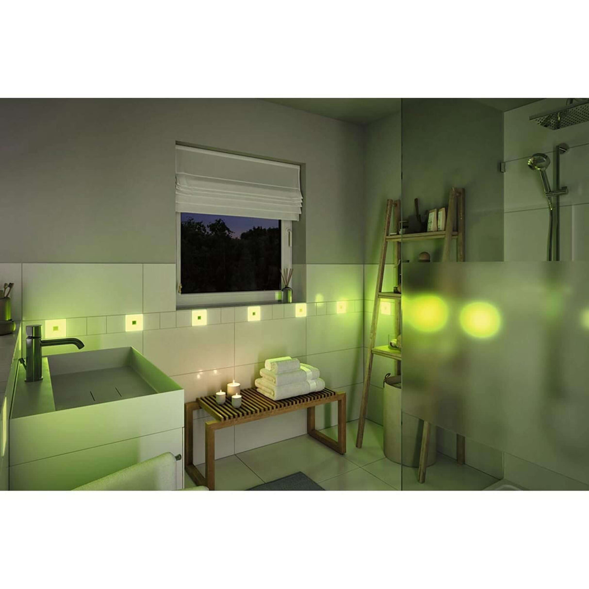 LumiTiles Zubehör Smart Home Zigbee Touch-Modul in einem modernen Badezimmer mit stimmungsvollem Licht.