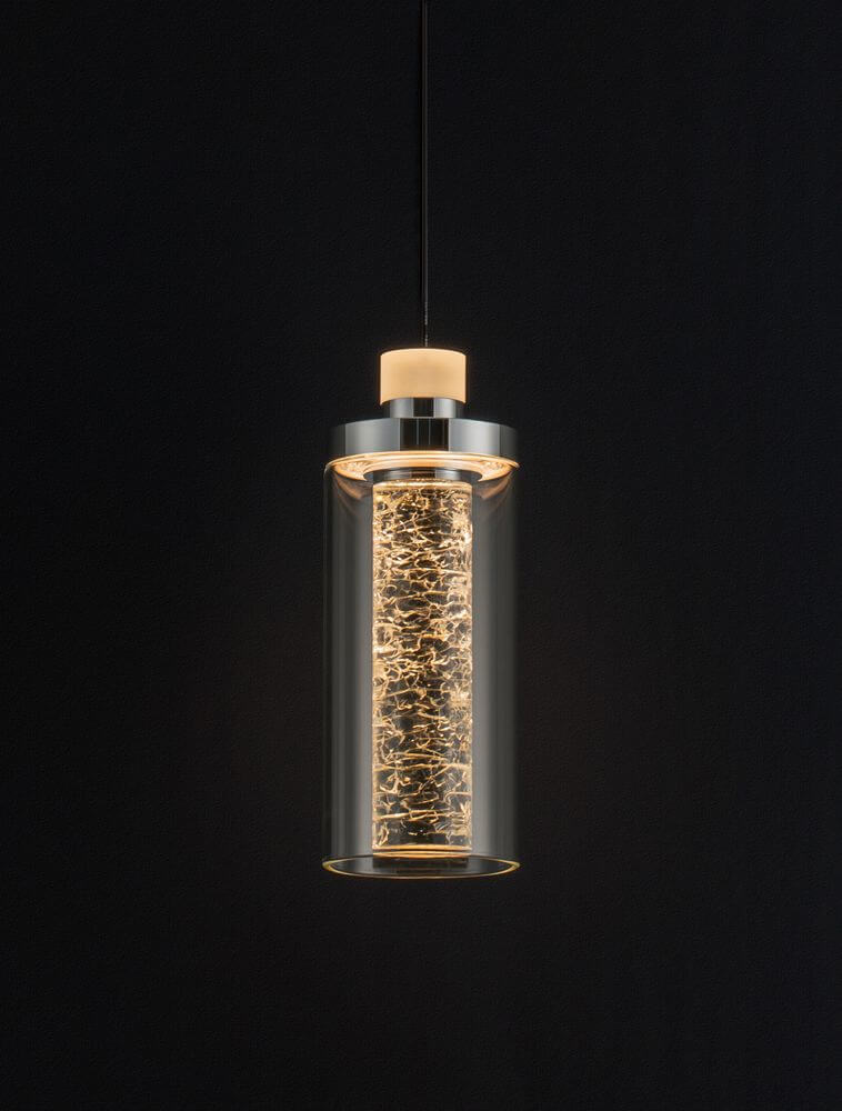 Lune LED Pendelleuchte Ø 12cm 3000K Schwarz, Chrom mit modernem Glamour-Design und Glasunterbau.