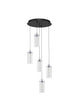 Lune LED Pendelleuchte 5-flammig Ø 34cm 3000K Schwarz, Chrom mit gläsernen Lampenschirmen und schwarzem Dachhimmel.