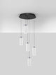 Lune LED Pendelleuchte 5-flammig Ø 34cm 3000K Schwarz, Chrom mit fünf Glaslampenschirmen an schwarzem Dachhimmel.