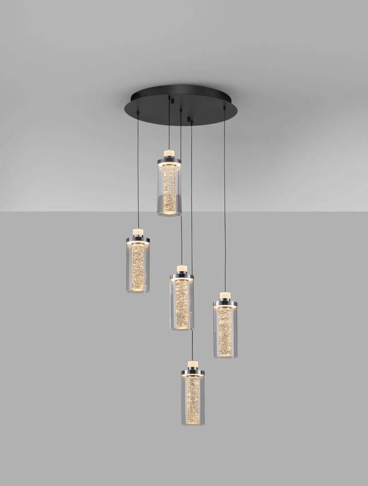 Lune LED Pendelleuchte 5-flammig Ø 34cm 3000K Schwarz, Chrom in elegantem Glamour-Stil mit Glaslampenschirmen.